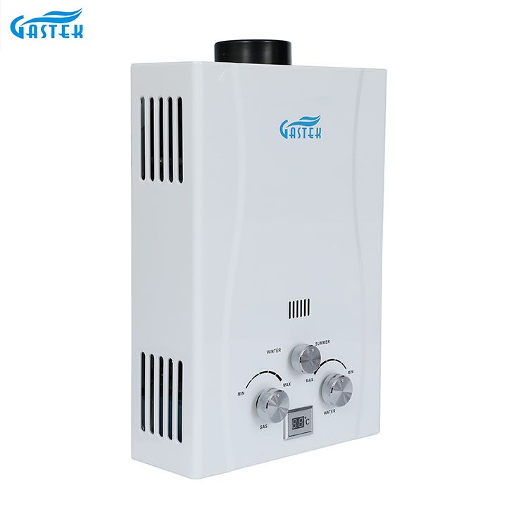 เครื่องใช้ในบ้านแบบพกพาห้องอาบน้ำฝักบัวประเภทปล่องก๊าซ LPG Geyser ติดตั้งในห้องน้ำ